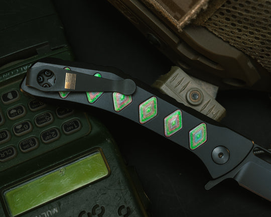 Custom Kwaiken Folder - Arora Camo Quartz Inlay, Anodized Black Handle, Black Nitride Blade, Textured Grip, Deep Carry Pocket Clip