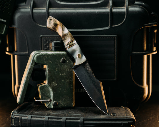 Widow Maker Jr- Baker Forge Random Pattern Damascus- Rams Horn, Black G10, Coyote G10 and Brass Split, Buckeye Burl, Mosaic Pins, 1/8" Mosaic Pin, Textured Grip