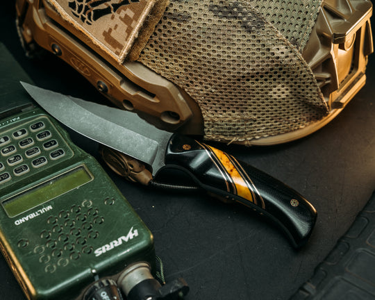 Tosahwi- Black G10, Coyote G10, Bronze and Black G10 Pin Striping, Honey Jasper Tru-stone Split, Mosaic Pins, Contoured Grip