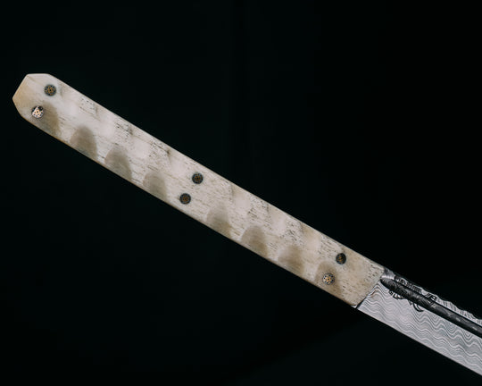 Katana- Baker Forge Zeus Pattern Performance Stainless Damascus- Giraffe Bone, Mosaic Pins, Textured Grip
