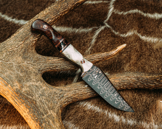 Crow Pre-Jay - Baker Forge Ladder CopperMai Damascus- CO Elk, Black G10 and Copper Pin Striping, Black with Copper Web Tru-stone Split, Redwood Burl, Patriot Mosaic Pins, Textured Grip