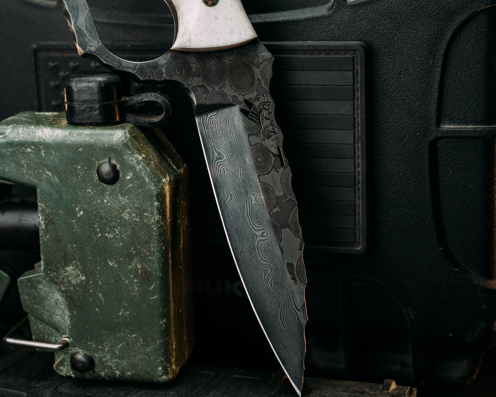 Trench Knife- Baker Forge Raindrop Damascus- Elk Antler, Mosaic Pins, Brass Lanyard Pin, Smooth Textured Grip