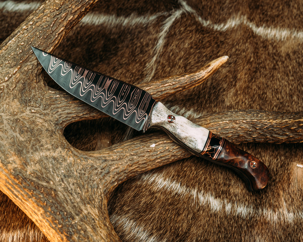 Crow Pre-Jay - Baker Forge Ladder CopperMai Damascus- CO Elk, Black G10 and Copper Pin Striping, Black with Copper Web Tru-stone Split, Redwood Burl, Patriot Mosaic Pins, Textured Grip