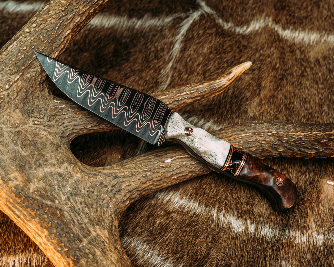 Crow Pre-Jay - Baker Forge Ladder CopperMai Damascus- CO Elk, Black G10 and Copper Pin Striping, Black with Copper Web Tru-stone Split, Redwood Burl, Patriot Mosaic Pins, Textured Grip