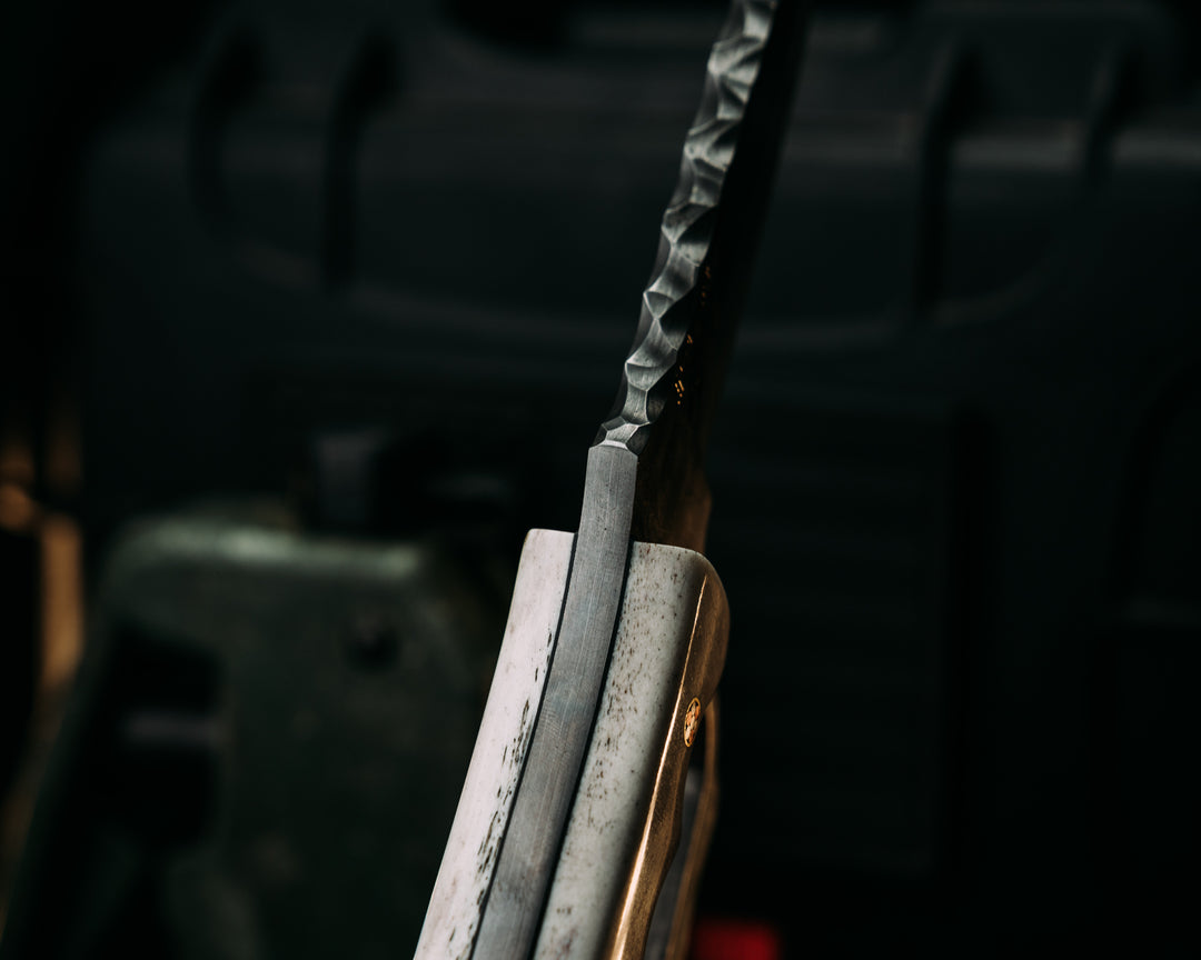 Trench Knife- Baker Forge Raindrop Damascus- Elk Antler, Mosaic Pins, Brass Lanyard Pin, Smooth Textured Grip