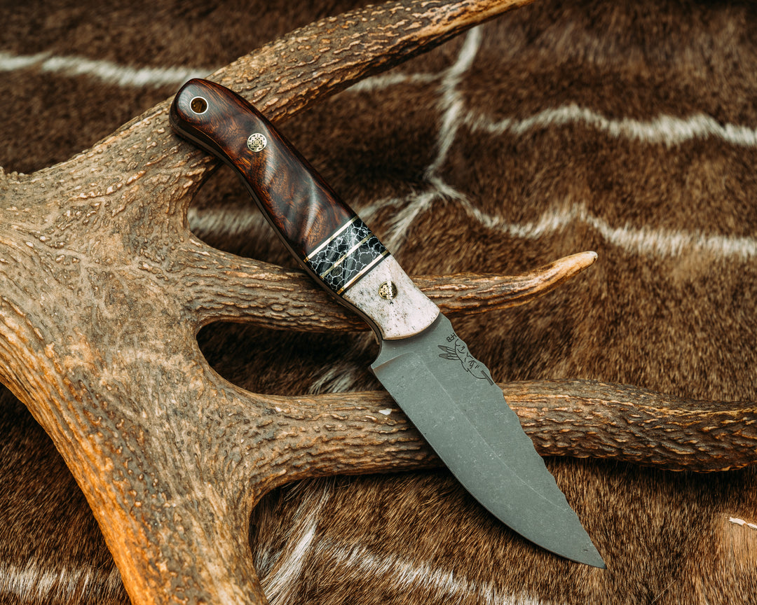 Crow Jr - Black G10 and Brass Pin Striping, Black with White Web Tru-stone Split, Desert Ironwood, Mosaic Pins, Brass Lanyard Pin, Grooved Grip