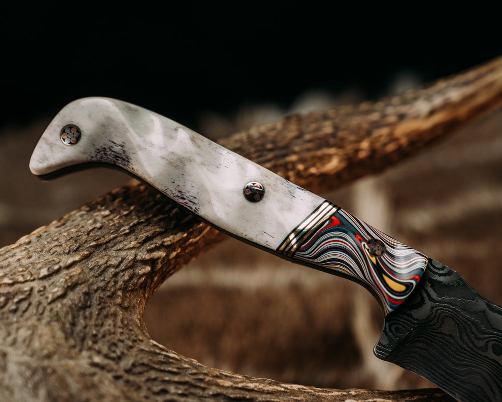 OG Skinner- Baker Forge Zeus Stainless Damascus- Fordite, Black G10, Brass and Aluminum Split, Elk Antler, Mosaic Pins, Textured Grip