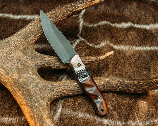 Crow Jr - Black G10 and Brass Pin Striping, Black with White Web Tru-stone Split, Desert Ironwood, Mosaic Pins, Brass Lanyard Pin, Grooved Grip