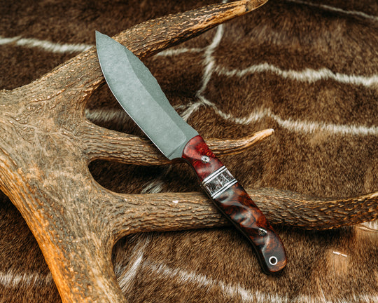 Hunter Skinner- Dyed Maple, Black G10, White G10 and Aluminum Pin Striping, Dyed Coral Split, Desert Ironwood, Mosaic Pins, Aluminum Lanyard Pin, Textured Grip