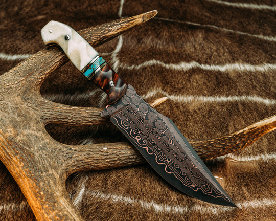 American Bowie Jr.- Baker Forge CopperMai Raindrop Pattern- Hawaiian Curly Koa, Black G10 and Brass Pin Striping, Turquoise with Gold Web Tru-stone Split, Giraffe Bone, Mosaic Pins, 1/8" Brass Pin, Textured Grip