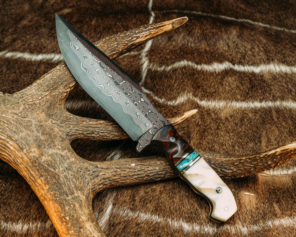 American Bowie Jr.- Baker Forge CopperMai Raindrop Pattern- Hawaiian Curly Koa, Black G10 and Brass Pin Striping, Turquoise with Gold Web Tru-stone Split, Giraffe Bone, Mosaic Pins, 1/8" Brass Pin, Textured Grip