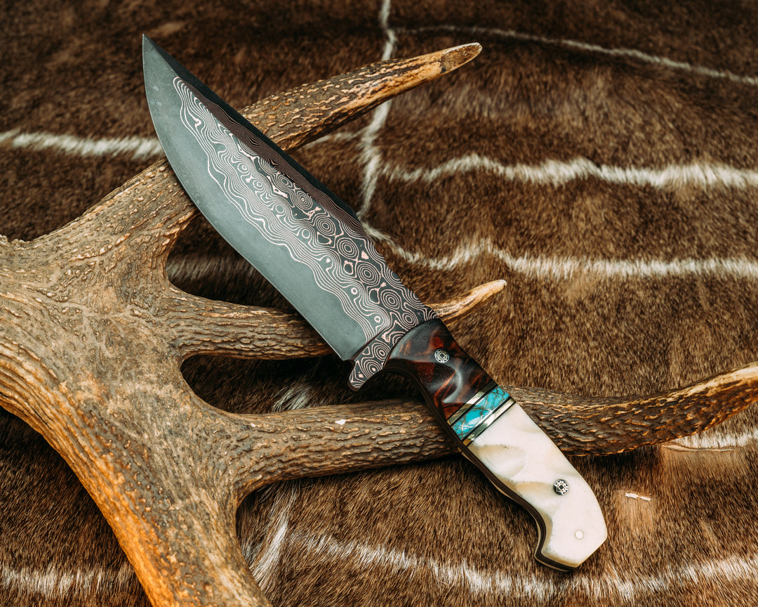 American Bowie Jr.- Baker Forge CopperMai Raindrop Pattern- Hawaiian Curly Koa, Black G10 and Brass Pin Striping, Turquoise with Gold Web Tru-stone Split, Giraffe Bone, Mosaic Pins, 1/8" Brass Pin, Textured Grip