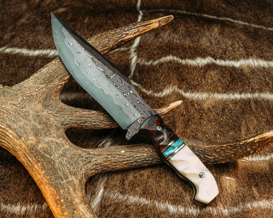 American Bowie Jr.- Baker Forge CopperMai Raindrop Pattern- Hawaiian Curly Koa, Black G10 and Brass Pin Striping, Turquoise with Gold Web Tru-stone Split, Giraffe Bone, Mosaic Pins, 1/8" Brass Pin, Textured Grip