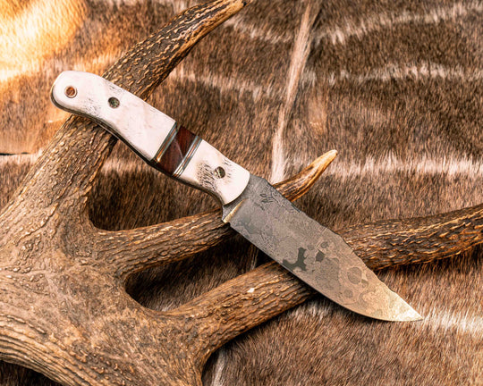 Crow Scout- Elk Antler, OD Green G10, Aluminum and Copper Pin Striping, Desert Ironwood Split, Mosaic Pins, Copper Lanyard Pin, Textured Grip
