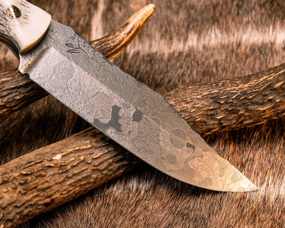 Crow Scout- Elk Antler, OD Green G10, Aluminum and Copper Pin Striping, Desert Ironwood Split, Mosaic Pins, Copper Lanyard Pin, Textured Grip