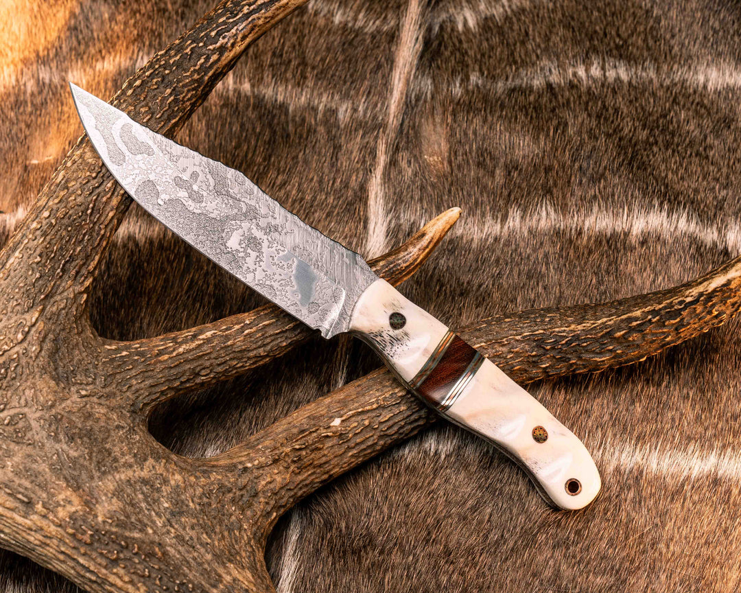 Crow Scout- Elk Antler, OD Green G10, Aluminum and Copper Pin Striping, Desert Ironwood Split, Mosaic Pins, Copper Lanyard Pin, Textured Grip