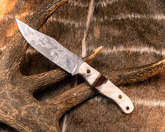 Crow Scout- Elk Antler, OD Green G10, Aluminum and Copper Pin Striping, Desert Ironwood Split, Mosaic Pins, Copper Lanyard Pin, Textured Grip