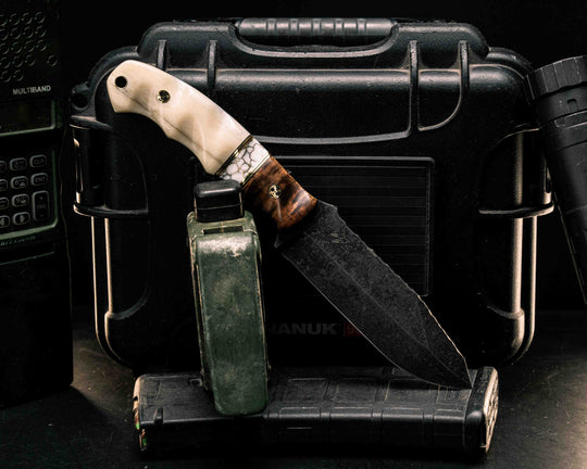 Disaster Breacher- Hawaiian Curly Koa, Black G10 and Brass Pin Striping, White with Gold Web Tru-stone Split, Giraffe Bone, Mosaic Pins, Brass Lanyard Pin, Textured Grip