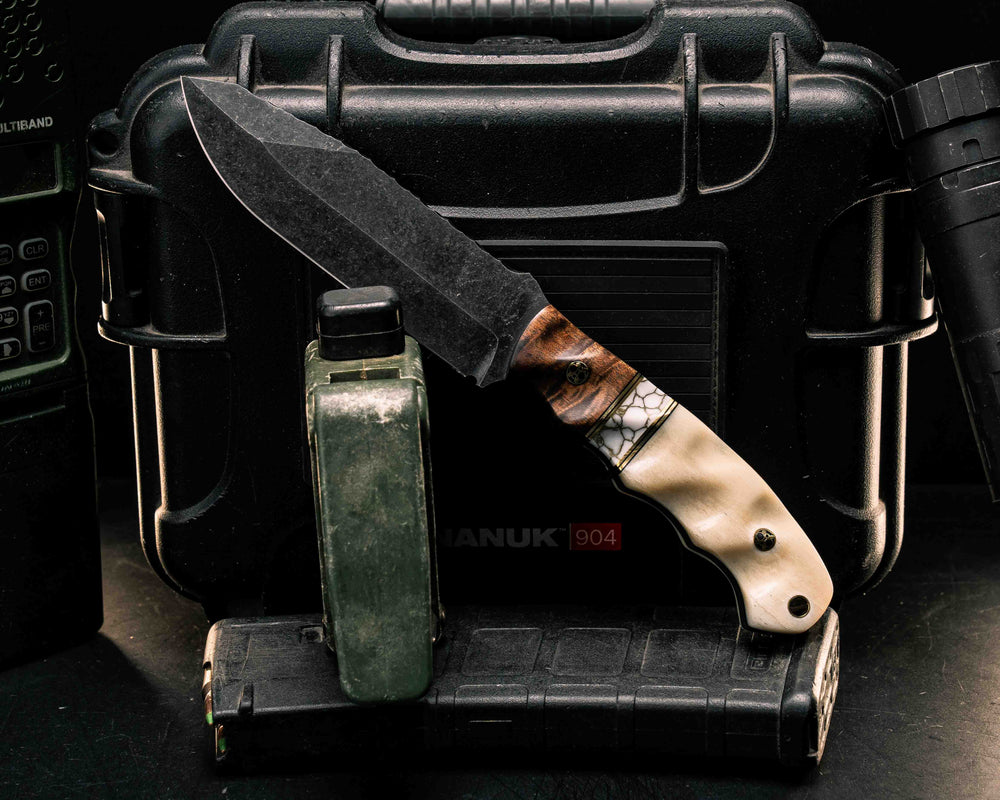 Disaster Breacher- Hawaiian Curly Koa, Black G10 and Brass Pin Striping, White with Gold Web Tru-stone Split, Giraffe Bone, Mosaic Pins, Brass Lanyard Pin, Textured Grip
