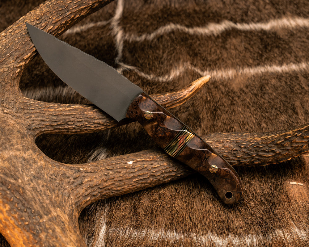 Crow Scalper- Spalted Maple, Black G10, OD Green G10 and Brass Split, Mosaic Pins, Brass Lanyard Pin, Textured Grip