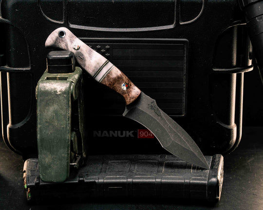 Extremis MK1- Maple Burl, Grey G10 and White G10 Pin Striping, White Pearl Resin Split, Elk Antler, Patriot Mosaic Pins, Aluminum Lanyard Pin, Textured Grip
