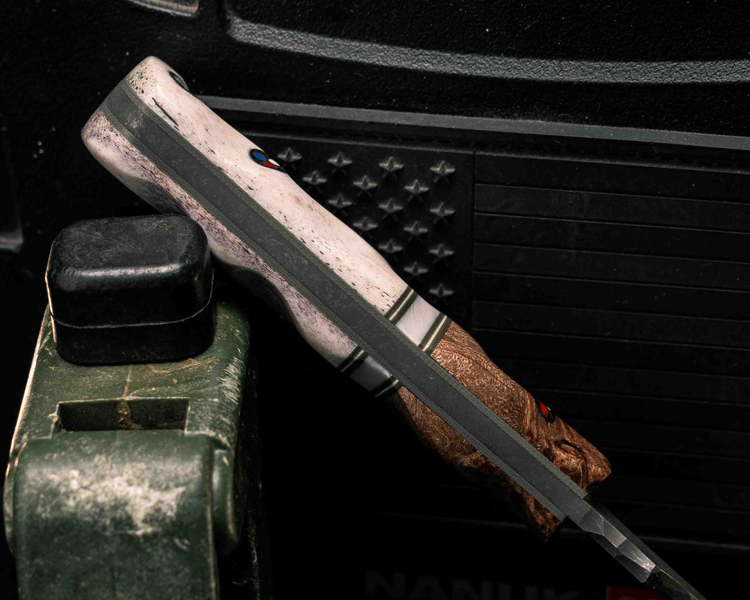 Extremis MK1- Maple Burl, Grey G10 and White G10 Pin Striping, White Pearl Resin Split, Elk Antler, Patriot Mosaic Pins, Aluminum Lanyard Pin, Textured Grip