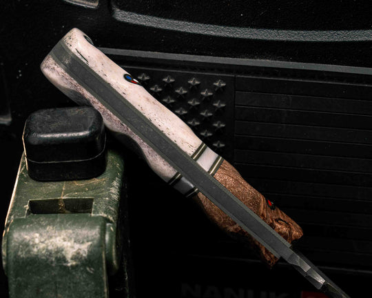 Extremis MK1- Maple Burl, Grey G10 and White G10 Pin Striping, White Pearl Resin Split, Elk Antler, Patriot Mosaic Pins, Aluminum Lanyard Pin, Textured Grip