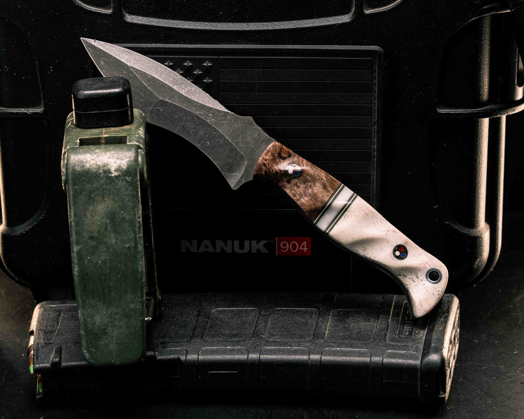 Extremis MK1- Maple Burl, Grey G10 and White G10 Pin Striping, White Pearl Resin Split, Elk Antler, Patriot Mosaic Pins, Aluminum Lanyard Pin, Textured Grip