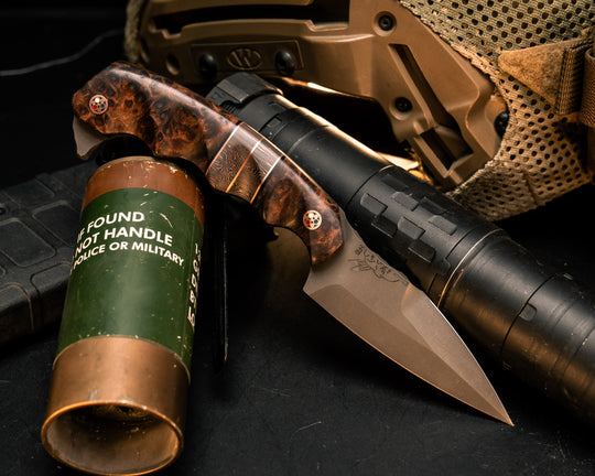 3" HUMINT- Redwood Burl, Black G10 and Copper Pin Striping, Copper Camo Carbon Split, Patriot Mosaic Pins, Grooved Grip