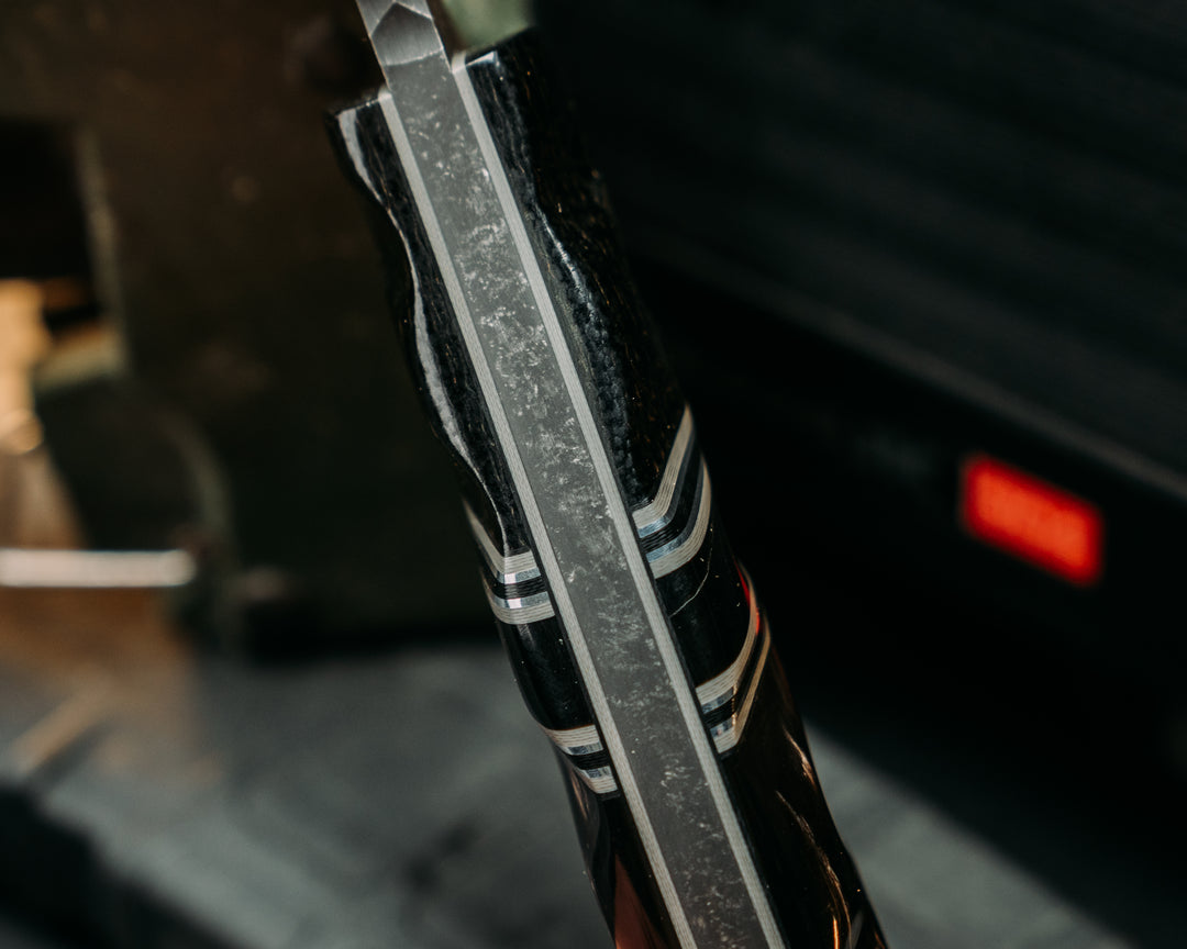 Disaster Breacher Gen 3- Black Burlap Minaret, Black G10, Charcoal G10 and Aluminum Pin Striping, Bison Horn Split, Bison Horn, Mosaic Pins, Brass Lanyard Pin, Textured Grip