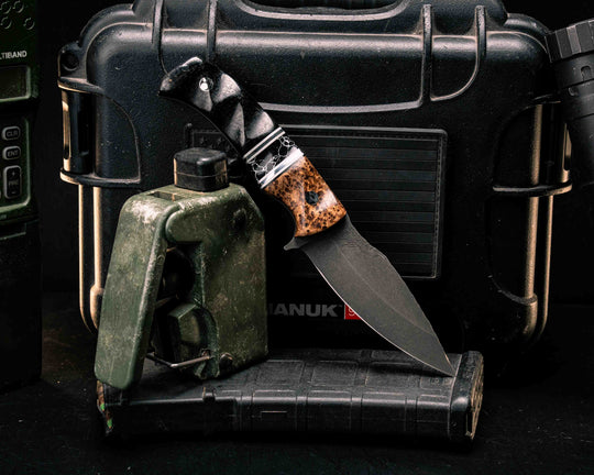 Ishi- Black Ash Burl, Black G10, White G10 and Aluminum Pin Striping, Black with white Web Tru-stone Split, Black Burlap Micarta, Mosaic Pins, 1/8" Aluminum Pin, Textured Grip