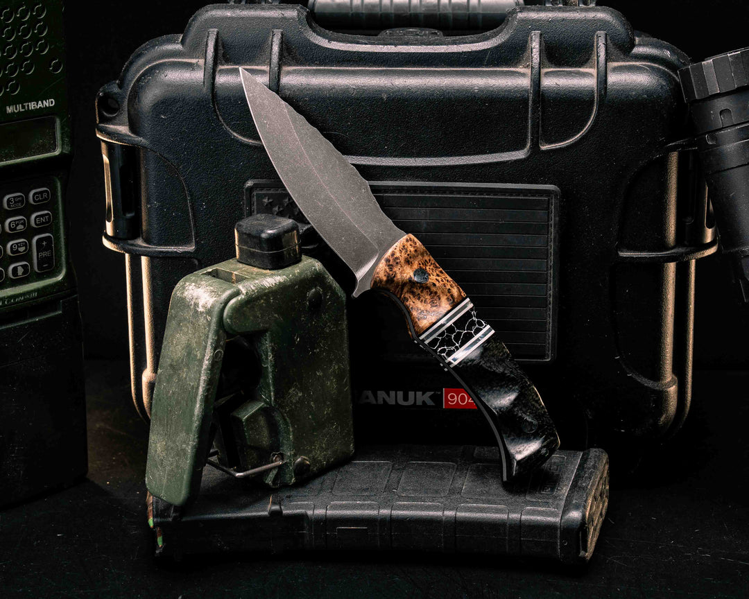 Ishi- Black Ash Burl, Black G10, White G10 and Aluminum Pin Striping, Black with white Web Tru-stone Split, Black Burlap Micarta, Mosaic Pins, 1/8" Aluminum Pin, Textured Grip