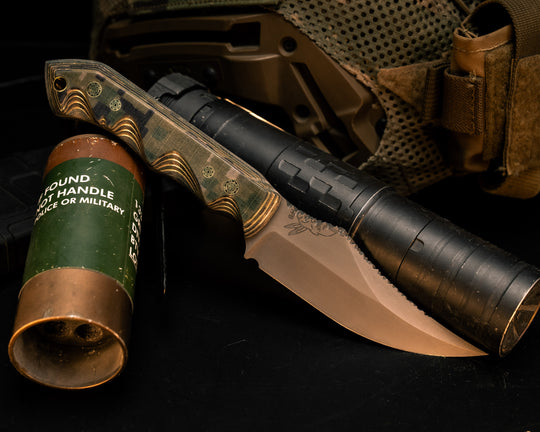 Red Cloud - (#24 of 25) AOR2 Cammie with Layered Brass, Brass Mosaic Pins, Brass Lanyard Pin, Grooved Grip