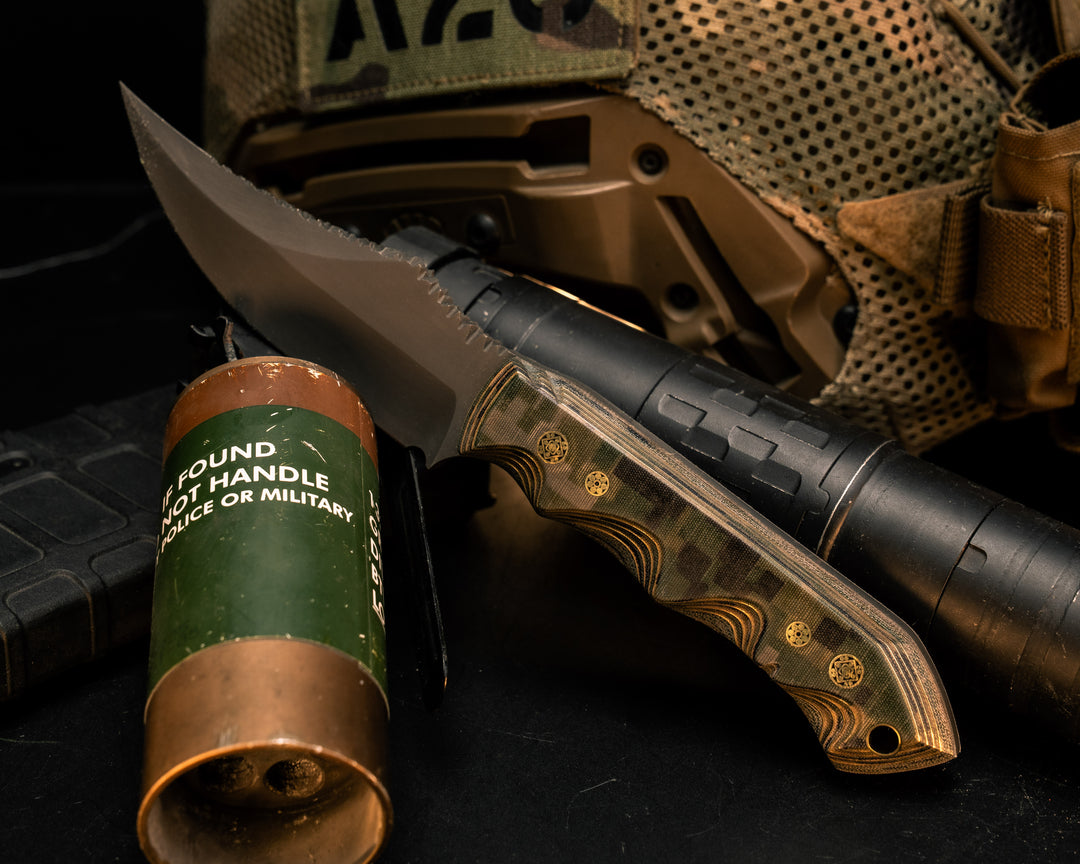 Red Cloud - (#24 of 25) AOR2 Cammie with Layered Brass, Brass Mosaic Pins, Brass Lanyard Pin, Grooved Grip