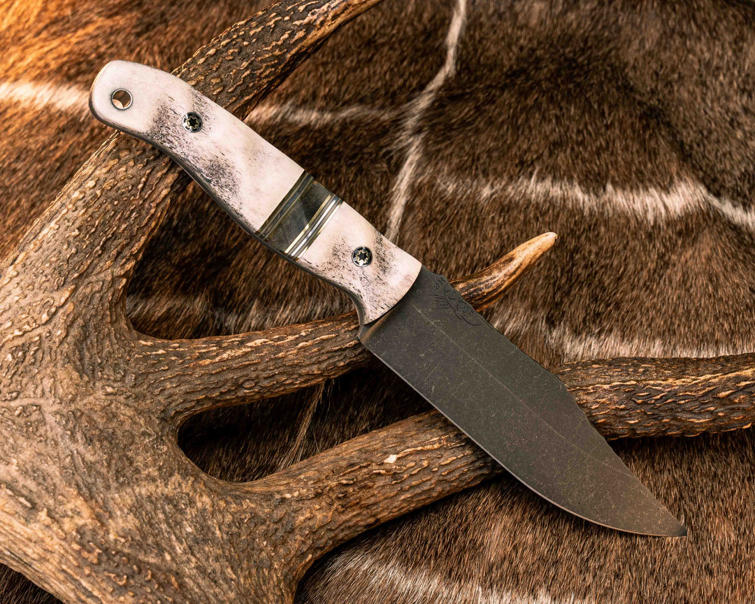 Crow Scout- Elk Antler, Brass, Forest Green G10, Desert Tan G10 and Aluminum Pin Striping, Buckeye Burl Split, Mosaic Pins, Aluminum Lanyard Pin, Textured Grip
