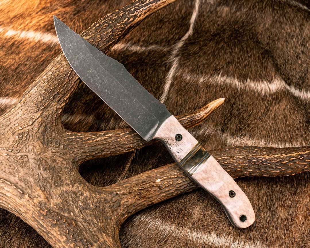 Crow Scout- Elk Antler, Brass, Forest Green G10, Desert Tan G10 and Aluminum Pin Striping, Buckeye Burl Split, Mosaic Pins, Aluminum Lanyard Pin, Textured Grip