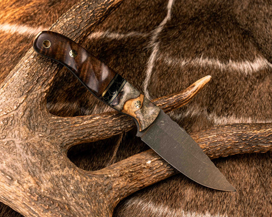 Crow Jr- Buckeye Burl, Black G10 and Brass Pin Striping, Black with Gold Web Tru-stone Split, Hawaiian Curly Koa, Mosaic Pins, Brass Lanyard Pin, Textured Grip