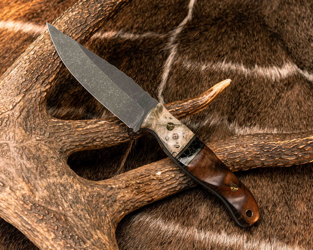 Crow Jr- Buckeye Burl, Black G10 and Brass Pin Striping, Black with Gold Web Tru-stone Split, Hawaiian Curly Koa, Mosaic Pins, Brass Lanyard Pin, Textured Grip