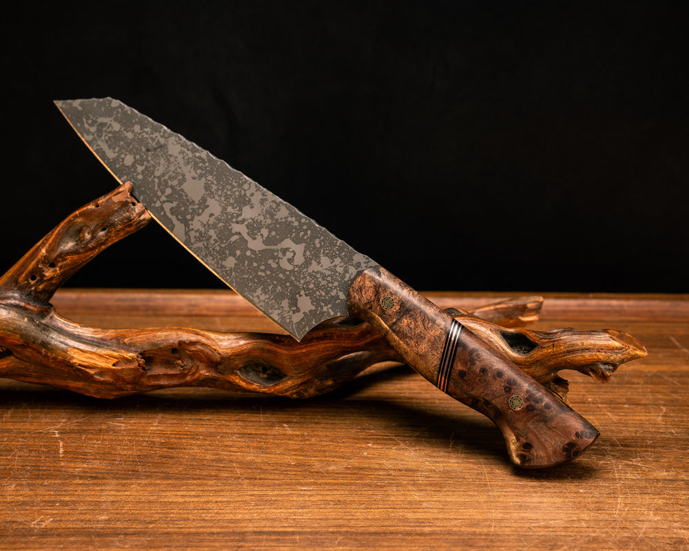 Santoku- Mahogany, Black G10 and Copper Split, Redwood Burl, Mosaic Pins, Smooth Grip