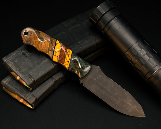 Disaster Jr- Dyed Redwood, Black G10 and Brass Pin Striping, Yellow Dino Bone Tru-stone and Natural Canvas Micarta Split, Teak, Mosaic Pins, Brass Lanyard Pin, Textured Grip