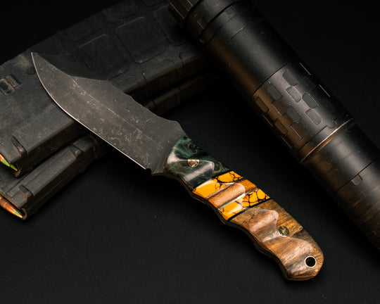 Disaster Jr- Dyed Redwood, Black G10 and Brass Pin Striping, Yellow Dino Bone Tru-stone and Natural Canvas Micarta Split, Teak, Mosaic Pins, Brass Lanyard Pin, Textured Grip