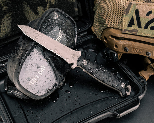 Dive Knife Tanto- Fiber Glass Shred Carbon, Steel Grey Cerakote, Ti Allen Bolts, Textured Grip