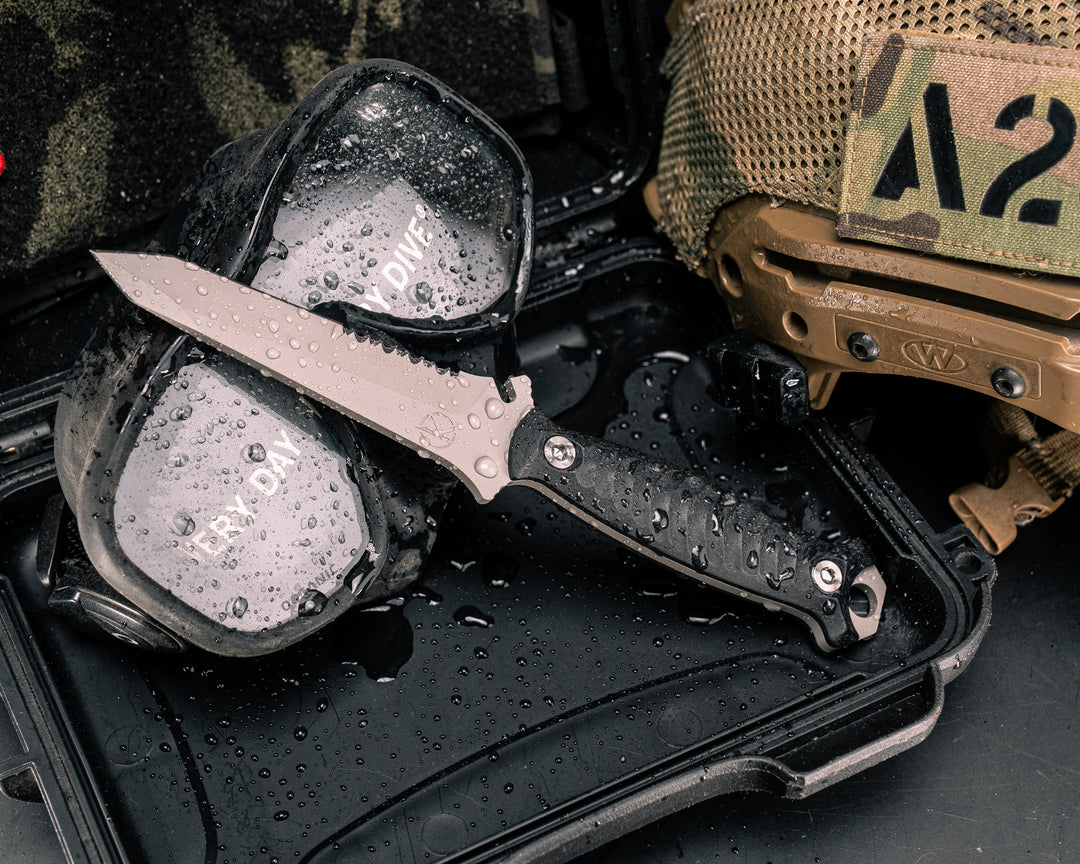 Dive Knife Tanto- Fiber Glass Shred Carbon, Steel Grey Cerakote, Ti Allen Bolts, Textured Grip