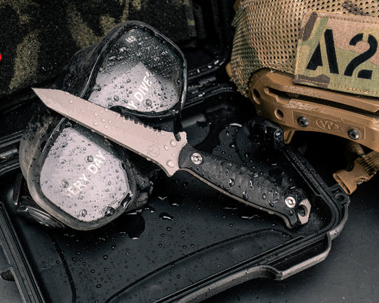 Dive Knife Tanto- Fiber Glass Shred Carbon, Steel Grey Cerakote, Ti Allen Bolts, Textured Grip