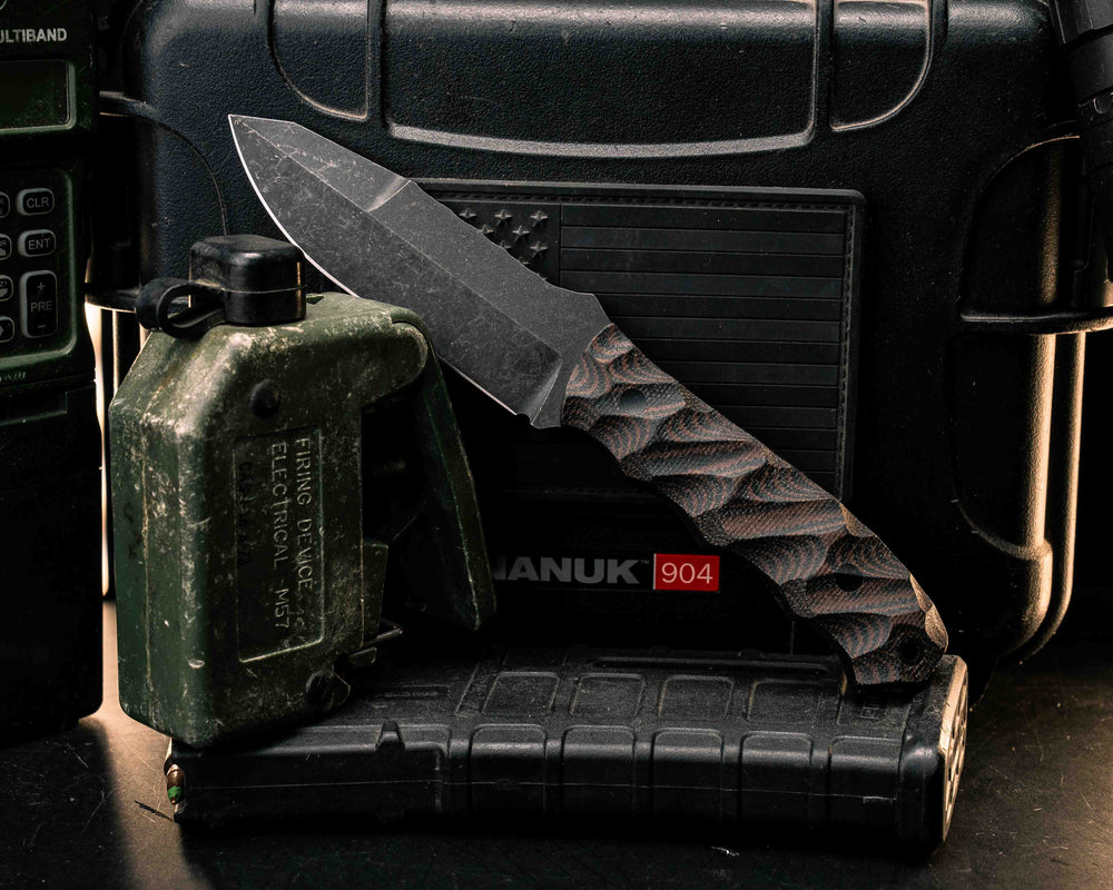 Disaster Jr Gen 3- Brown and Black Canvas Micarta, CF Pins, CF Lanyard Pin, Textured Grip