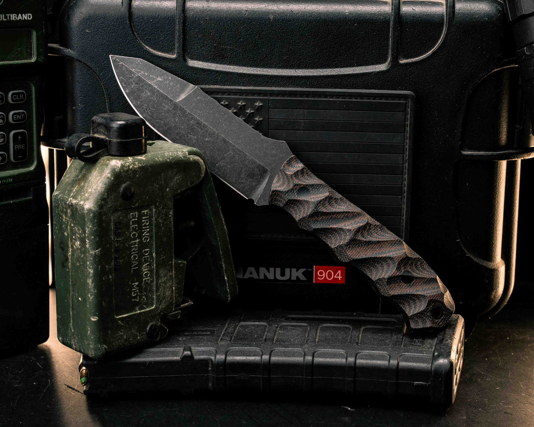 Disaster Jr Gen 3- Brown and Black Canvas Micarta, CF Pins, CF Lanyard Pin, Textured Grip