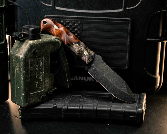 Disaster Cub- Gold Dark Matter Carbon, Black G10 and Brass Split, Desert Ironwood, Brass Pins, Brass Lanyard Pin, Textured Grip