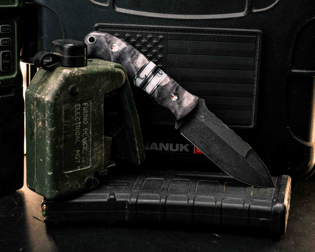 Disaster Cub Gen 3- Dyed Curly Maple, Black G10 and Aluminum Pin Striping, White Turquoise Tru-stone Split, Patriot Mosaic Pins, Aluminum Lanyard Pin, Textured Grip