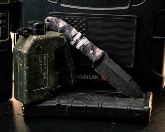 Disaster Cub Gen 3- Dyed Curly Maple, Black G10 and Aluminum Pin Striping, White Turquoise Tru-stone Split, Patriot Mosaic Pins, Aluminum Lanyard Pin, Textured Grip