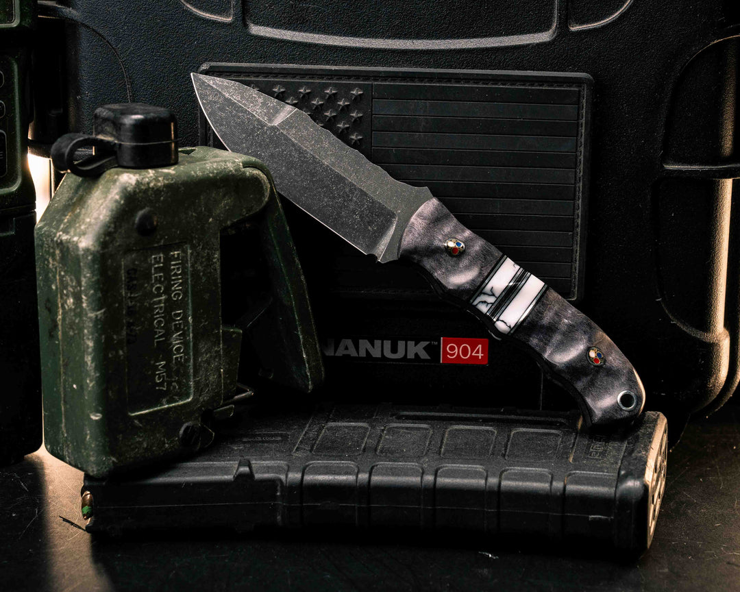 Disaster Cub Gen 3- Dyed Curly Maple, Black G10 and Aluminum Pin Striping, White Turquoise Tru-stone Split, Patriot Mosaic Pins, Aluminum Lanyard Pin, Textured Grip